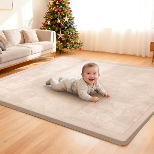 ACOMOPACK Baby Krabbelmatte 127x127x3.5cm Dicke Spielmatte mit Schaumfüllung Rutschfester Unterseite Weicher Kurzflor Kinderzimmer Teppich Beige