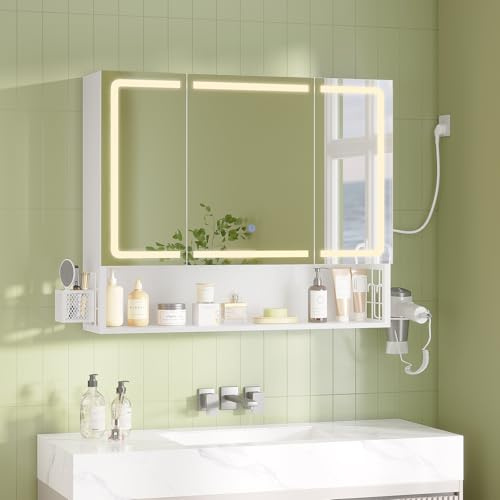 FORABAMB Armoire Murale Salle de Bain avec Éclairage LED & Prise, Armoire de Toilette avec Miroir HD,Étagère Réglable, Panier et Support pour Sèche-Cheveux, Meuble de Salle de Bain, 80x16x70 cm, Blanc