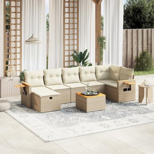 RMIHSJG Ensemble de canapé de jardin 8 pièces avec coussins beige en polyrotin - Design modulaire pour terrasse et cour - Rotin PE durable et cadre en acier stable - Groupe de sièges confortable