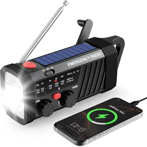Radio di Emergenza Portatile, Radio a Manovella Manuale con Alimentazione Solare e a Batteria, Radio Dinamo AM/FM/SW con Torcia Luminosa, Allarme SOS per Kit di Sopravvivenza e Campeggio (7400mWh)