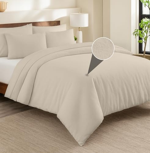 EGYPTO Flannelette Duvet Cover Set – 100% Brushed Cotton Duvet Cover Set - Breathable & Hypoallergenic Thermal Soft Flannel Duvet Cover with Pillowcases (Double, Cream)