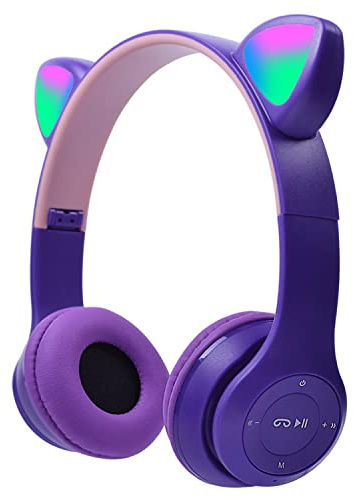 arVin Auriculares inalámbricos para niños, auriculares Bluetooth para niños con limitador de volumen de 85/94 dB, auriculares con cable para niños con micrófono/luz LED de oreja de gato para