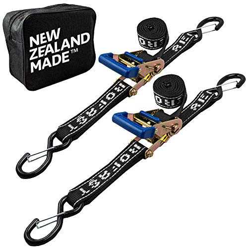 REAR TRANSOM BOAT TRAILER STRAPS RATCHET TIE DOWNS STRAP, Made in NZ - 1.5 x 4’ Heavy Duty Rear Transom with PVC Hooks For Trailered Boats, Pontoons & Jetskis - 3,300lbs Break Strength - (Pair) Black