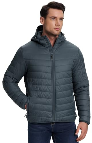 33,000ft Men's Insulated Puffer Jackets Waterproof Jacket for Men Easy Packable Hooded Quilted Jacket Lightweight Men's Coats with Zip Pockets Grey XL