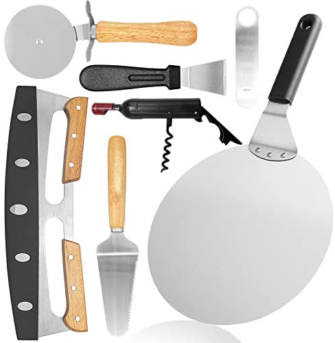 QiYi Pizzaboden-Set (7er-Set) 25,4 cm große Pizza aus Edelstahl mit Holzgriff, Wippschneider, Pizzaschieber, Pizzaofen-Zubehör, Geschenke für Liebhaber des hausgemachten Backens wie Pizza, Brot