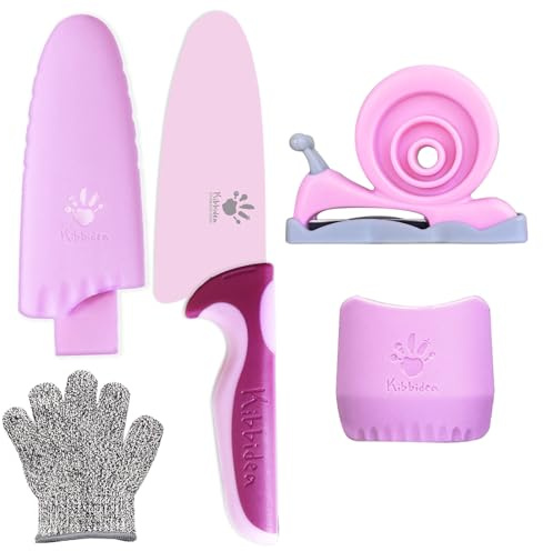 Kibbidea Kids Knife Set for Real Cooking, 4-Piece Stainless Steel Kids Chef's Knives with Peeler, Finger Guard, Protective Glove for Cutting Peeling, Kitchen Knives for Teenager 8-12 (Purple)