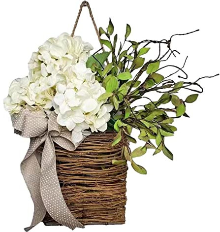 PW TOOLS Couronne de panier suspendu de porte de fleurs sauvages Décoration de printemps de couronne 17,7 pouces Porte d'entrée Mur Fenêtre Décor Couronnes Fleurs Panier Suspendu Avec Des Artificie