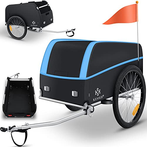 KESSER® Fahrradanhänger Lastenanhänger Transportanhänger Hochdeichsel mit Kupplung Hochdeichsel Anhänge für Fahrrad Transportbox 120 Liter Inkl. Regenschutz mit Klappfunktion & Fahne 40Kg Blau