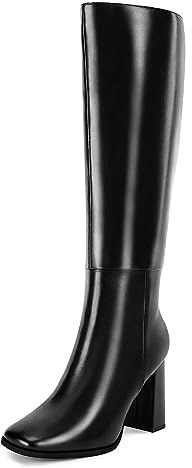 Coutgo Womens Wide Calf Knee High Boots Chunky High Heel Square Toe Fashion Leather Shoes with Side Zipper,Black,Size 8.5