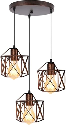 3 Luci Lampadario a Sospensione Vintage, Lampada da soffitto Industriale E27 Plafoniera Retro in Metallo gabbia Lampadario a Sospensione Retrò per Cucina Salotto (Arrugginito- con una base rotonda)