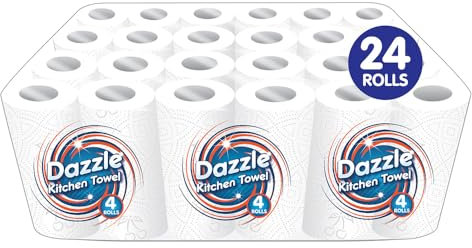 Dazzle Super Absorbent Kitchen Towel Rolls-2-Ply Super Absorbent Quilted Paper Towels-Ideal for Spills & Splashes-44 Sheets Per Roll in 1 Pack of 24 Kitchen Rolls (24)