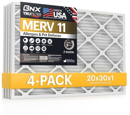 BNX TruFilter 20 x 30 x 1 luftfilter MERV 11 (4-pack) - TILLVERKAD I USA - Allergenförsvar elektrostatisk veckad luftkonditionering HVAC Ugnsfilter för allergier, damm, husdjur, rök, allergi MPR 1200