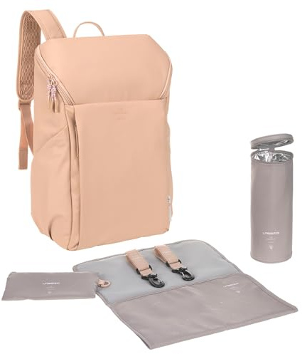 LÄSSIG Baby Wickelrucksack mit Wickelunterlage, Kinderwagenbefestigung und Flaschenhalter/GRE Slender Up Backpack camel