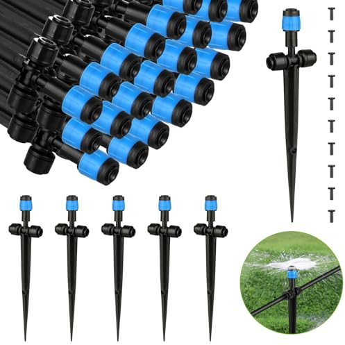 25 Pcs Water Irrigation Drippers, MSDADA Adjustable 360 Degree Fan Sprayer Irrigation Drip Drippers, Drip Irrigation Emitters with Stake, Watering System Accessories Fit for 1/4''(4-7mm) Hose(Blue)
