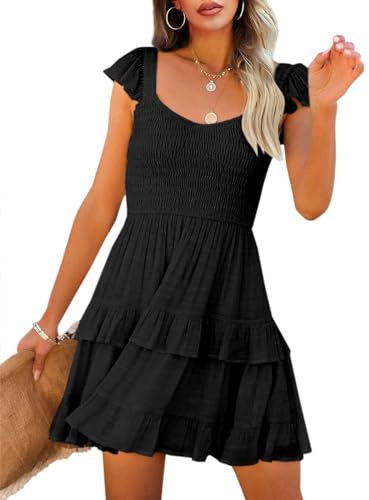 Imily Bela Damsommarklänning, elegant volang, ärmlös miniklänning, smokt, A-linje, hög midja, U-ringning, klänning, svart, L
