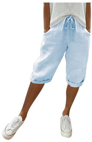 Generisch Sommerhose Damen Leicht Leinenhose Sommer Kurze Hosen Luftig Hohe Taille Caprihose Einfarbig Strandhose Stoffhose Pants Strandhose Mit Taschen (BU1#2, XXL)