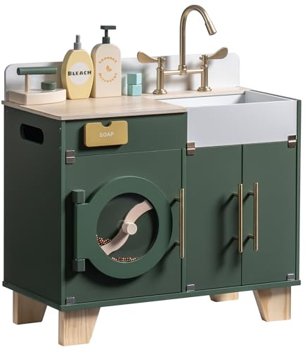 ROBOTIME Lavatrice Giocattolo, Cucina Giochi, Set da Gioco, Giocattolo Realistico in Legno, Regalo per Bambini dai 3 Anni in su (Verde Vintage)