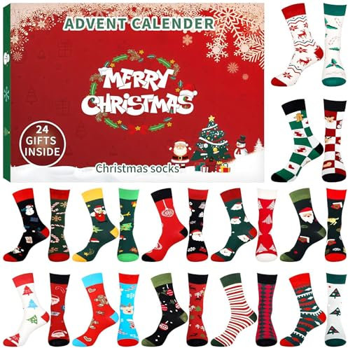 Weihnachten Socken Adventskalender für 2024, 12Paare Weihnachtssocken Kuschelsocken Damen Herren Christmas Socks Countdown Calender (DE/NL/SE/PL, Alphanumerisch, Einheitsgröße, Regular, Regular, A)