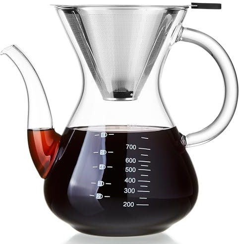 Pour Over Kaffeebereiter, MESNEY Kaffeekanne 800ml, Glas Kaffeebereiter mit Edelstahlfilter, Wiederverwendbarer Permanentfilter, Hitzebeständiges Borosilikatglas, Tropffreies Design für Kaffee und Tee