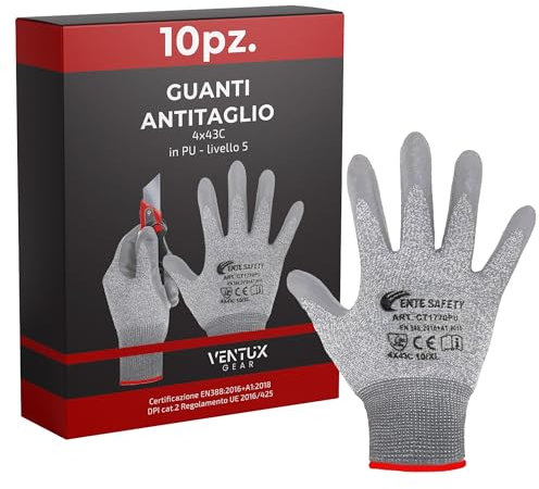 general merchandising Guanti Antitaglio Livello 5 EN388 4X43C | Guanti da Lavoro in PU Resistenti e Antiscivolo | 10 Paia (20 Guanti) Taglia L | Ideali per Cucina, Giardinaggio e Fai da Te