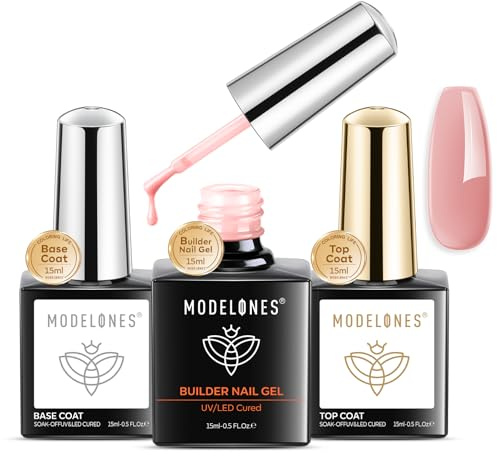 modelones 8-i-en builder gel och baslack, topp, rock, gel, UV LED, nagellack, set, 3 x 15 ml, gummibas, UV-nagellack för modellering och styrka, förlängning, gelnaglar manikyr nageldesign, naken rosa