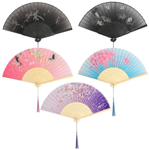 5 ventagli cinesi, scomparti a mano in stile cinese, ventilatore a mano pieghevole, in legno intagliato in bambù pieghevole, scomparti pieghevoli, per matrimoni, feste, balli, decorazioni festival