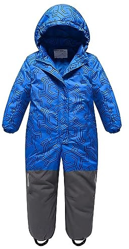 linboo Unisex Kinder Schneeanzug mit Kapuze Gefüttert Skioverall Wasserdicht Winddicht Schneeoverall Warm Skianzug für Jungen Mädchen, Labyrinth Blau, 140(Herstellergröße: 130)