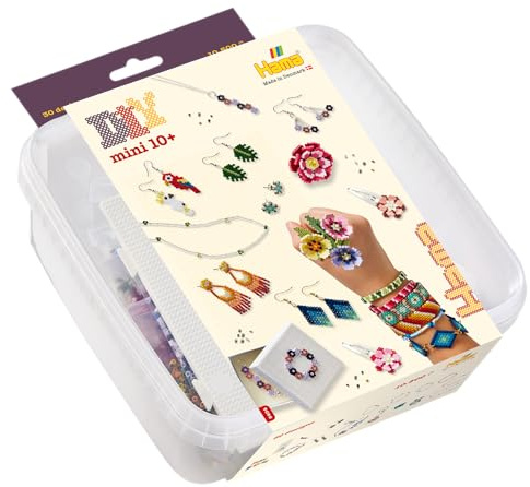 Hama Perles à repasser | environ 10 500 perles, 2 plaques enfichables : grand carré n° 593 et petit hexagone n° 594. 1 bande élastique fine, 1 fil, 1 clip à cheveux, feuille à motif coloré