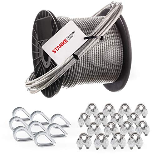 Seilwerk STANKE Câble d’acier galvanisé gainé (couche PVC) 50m diamètre 4mm 6x7, 8x Cosse-coeur, 16x Serre-câble à étrier - SET 3