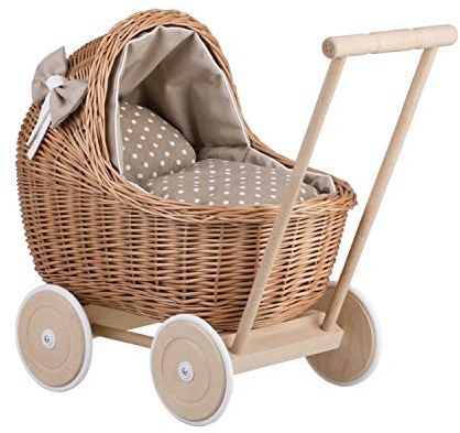 e-wicker24 Alles aus Weide Carrozzina Passeggino per Bambola di Vimini Passeggino Bambole in Vimini Naturale Passeggino Giocattolo Bambina con Maniglia e Ruote in Legno e Tessuto Beige e Bianco