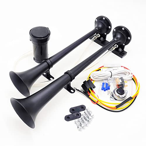 YIYIDA Tromba ad aria Tromba per camion nero 165DB Clacson per nave Tromba elettrica 45cm Tromba tono alto e tono basso Tromba a doppio tubo Zinco cromato Compressore per 12V barca auto yacht RV ecc