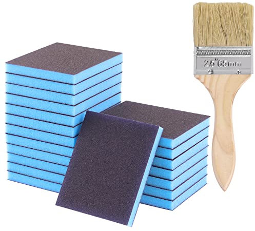 Glarks El kit de esponja de lijado de grano 100 incluye 20 bloques de lijado reutilizables y lavables de 120 x 100 x 12 mm, con 1 cepillo de pintura para madera, metal, pintura y paneles de yeso
