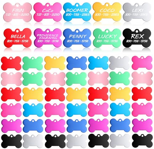 Roowest 50 Pcs Blank Dog Pet Tags for Engraving 38mm Aluminum Bone Shape Name Tag Colorful Double Sided Dog Cat Phone Number Pendants