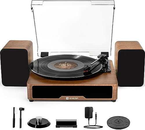 Vangoa Vinyl Record Player with External Speakers, Turntable for Vinyl Records Bluetooth, 3 Speed Belt-Driven LP Player, Portable Vintage Record Plaver with 2 Stereo Speakers for 33/45/78 ROM. Brown