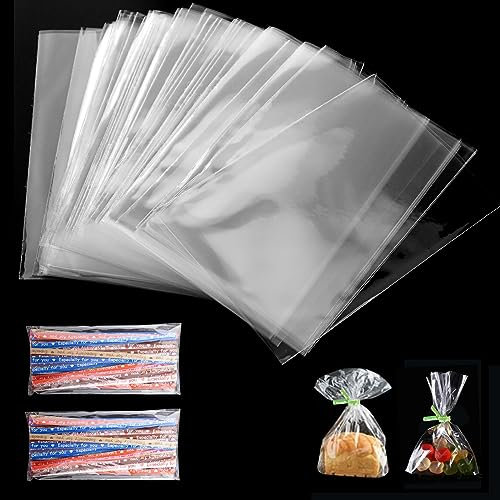 FINEASY Süßigkeiten Tüten Transparent, Cellophantüten Klein mit Metallischen Bindebaender, Candy Bar Tüten, Zellophantüten für Kindergeburtstag Mitgebsel Gastgeschenke (8x12cm, 200pcs)