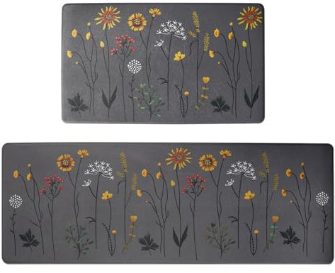 RLAVBL 2 Pieces Kitchen Rug Set, Non-Slip and Washable Kitchen Mat for Hallway, Dining Room, and Entryway - 120x44cm + 75x44cm, Colourful Flower
