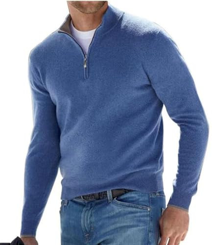 Herren Kaschmir Reißverschluss Basic Pullover, Herren-Poloshirt, klassisch,Herren-Pullover mit V-Halsausschnitt, langärmelig, weicher Griff, Viertelreißverschluss (Blau,L)