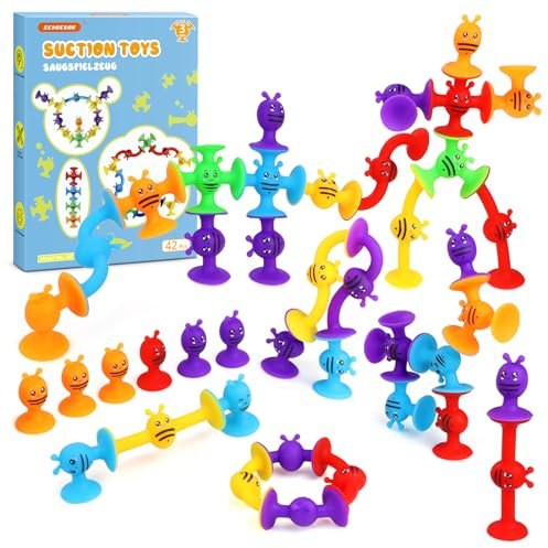 ECHOCUBE 42 Stück Saugnapf Spielzeug, Saugnapf Badewannenspielzeug für Kinder ab 3 Jahren, sensorisches Saugspielzeug, Stressabbau-Spielzeug, Reisespielzeug für Kinder und Erwachsene