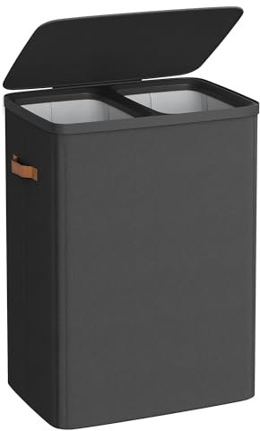 SONGMICS Laundry Basket, 170 L Dual Compartment Laundry Hamper, with Lid and Handles, Removable Liners, Easy Assembly, 56 x 40 x 75 cm, Ink Black LCB813B01