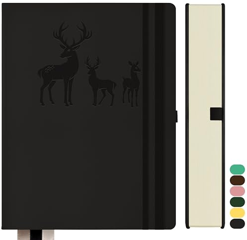 Qefuna Notebook A4 fodrad, Bullet Journal A4 tjockt anteckningsblock, 360 sidor, inbunden läder anteckningsbok, 100 gsm fodrat papper för kvinnor män Kontor skoldagbok, 21,3 x 28,1 cm, Svart