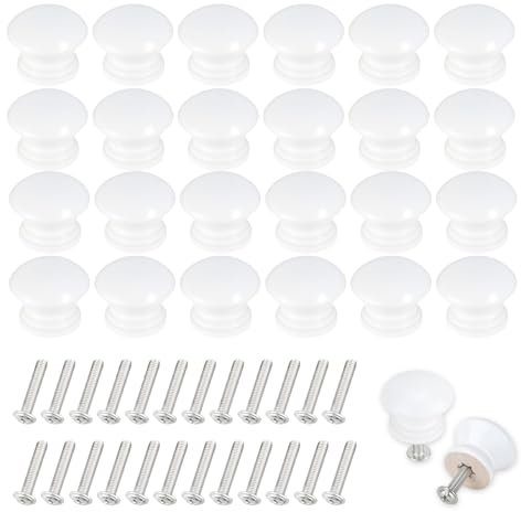 Jiayaus 24 pomos blancos para muebles, tiradores redondos de madera, juego de pomos para armario con tornillos, 24 mm, tiradores de muebles de madera para armarios y cajones