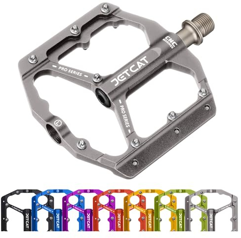 JETCAT Mountain Bike Pedals Flat - MTB Pedals Flat, Bicycle Pedals, Road Bike Pedals, BMX Pedals, for BMX MTN Road Gravel EBike, Specialized, Adults, Aluminum Metal Stamp 9/16 Titanium Silver Chrome