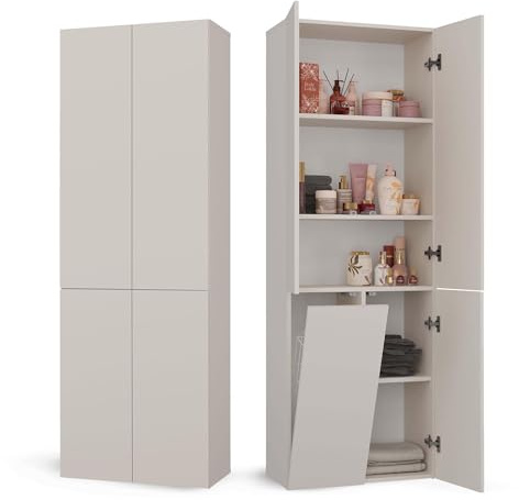 CDF Badezimmerschrank Bad Schrank Mit Wäschekorb Kashmir Badschrank Mehrzweckschrank Badregal Stehend Hochschrank Schublade Tür Bodenschrank Allzweckschrank 1 Wäschekorb 174 x 60 x 30