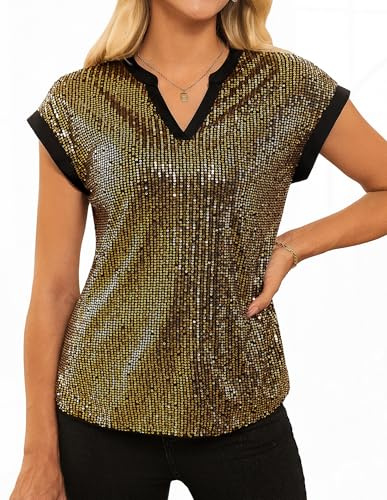 GRACE KARIN Hauts à Paillettes pour Femmes FR Col en V Manches Courtes Blouse de Fête Étincelante, doré, XXL