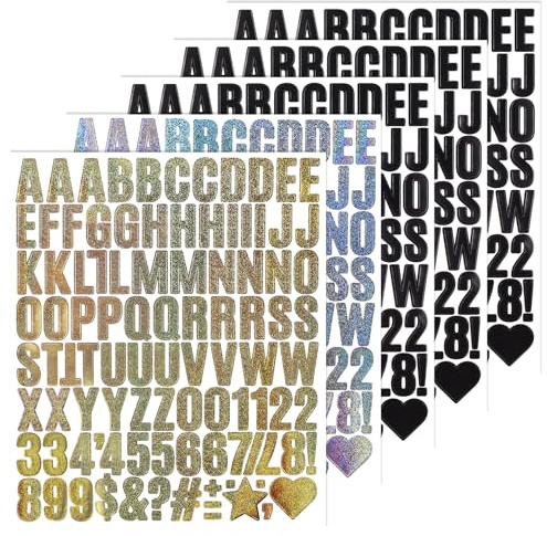 BINLINHONGO 485 Pcs Small Alphabet Number Stickers, 5 Sheets 1 Inch Self-Adhesive Vinyl Letter Sticker Decals for Scrapbooks, Crafts - Black, Glitter Gold & Silver