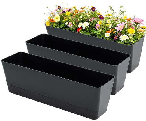 Bamworld Set di 3 Vasi Rettangolari per Piante 42x12 cm con Drenaggio, per Piante Grasse da Interno ed Esterno, per Finestra, Balcone e Tavolo, Nero, Fioriera da Finestra