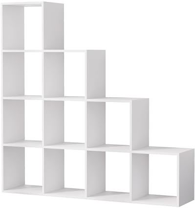 Garvishk Garvis Würfelregal 10 Fächer – Treppen-Design (130x130x29 cm) – MDF Raumteiler – Offenes Standregal für Bücher & Deko (Weiß)