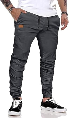 JMIERR Mens Chinos Trousers Casual Cotton Joggers Jogging Drawstring Pants Twill Track Outdoor Sweatpant,C Gray,Large