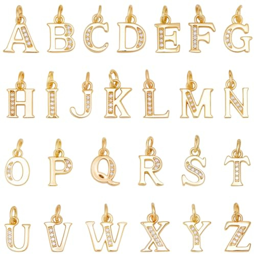 Beebeecraft 1 låda 26 st kubisk zirkon bokstavsberlocker äkta 18K guldpläterad alfabet berlock A-Z bokstäver initial hängen för smyckestillverkning hantverk örhängen halsband armband nyckelring