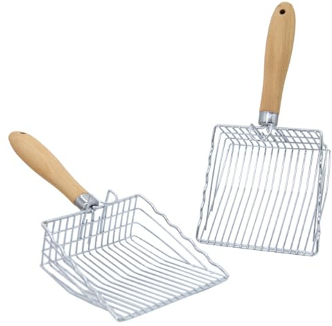 Epargnaro 2 Pack Metal Cat Litter Scoops, Heavy-Duty Kitty Scooper with Hook, Stainless Steel Kitten Poop Lifter for Litter Box, Speed Sifter with Comfortable Beech Wood Grip